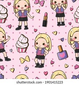 Seamless pattern kawaii girl cartoon with cute element. Cute cartoon character. Vector illustration.  This cute illustration design can be used as decoration for both print and digital media.