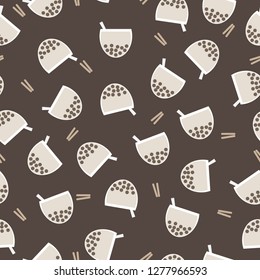 Seamless pattern of kawaii glass of bubble milk tea, brown tone for background, paper print, fabric or ornament business. Vector design. 