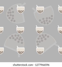 Seamless pattern of kawaii glass of bubble milk tea, brown tone for background, paper print, fabric or ornament business. Vector design. 