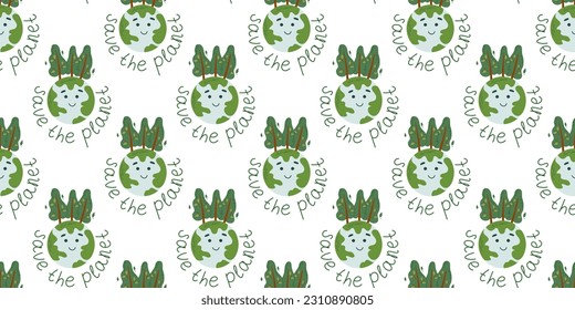 Seamless pattern with kawaii globe and slogan. Environmental conservation, Earth Day concept. Save the planet. Cute ecological vector illustration.