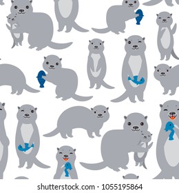 Seamless pattern Kawaii grey otters family with children with fish on white background. Vector