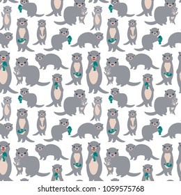 Seamless pattern Kawaii grey otters family with children and with fish on white background. Vector