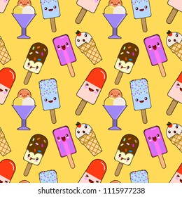 Seamless pattern with kawaii ice cream cones on yellow background isolated vector illustration