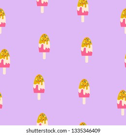 Seamless pattern of kawaii ice cream stick mix flavor, violet background for paper print, textile fabric business. Vector design.