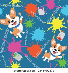 Patrón sin fisuras, ilustración de Kawaii, lindo cachorro de Corgi con pincel y pintura sobre fondo de salpicadura. Impresión en la ropa, tela, postales, dibujo de los niños, bolsos, juguetes