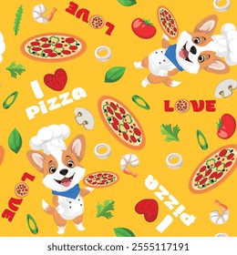 Seamless pattern, Kawaii illustration, Cute puppy Corgi chef in a chef's hat with pizza and vegetables. Print on clothes, fabric, postcards, children's drawing, bags, toys