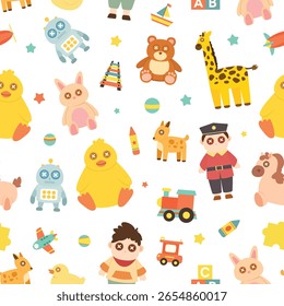Padrão contínuo de brinquedos de crianças kawaii com elementos de desenhos animados divertidos em um fundo branco