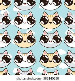 seamless pattern with Kawaii kittens. Seamless pattern of cute cartoon cats, different breeds and colors.cats on a blue background