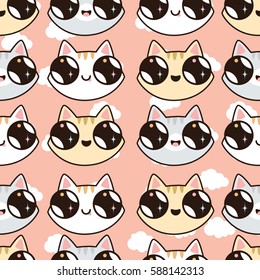 seamless pattern with Kawaii kittens. Seamless pattern of cute cartoon cats, different breeds and colors.cats on a pink background