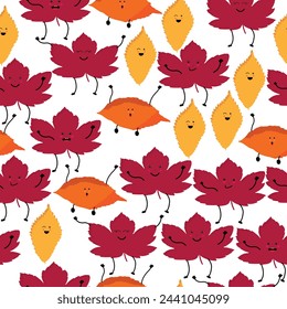 Seamless pattern with kawaii leaves 