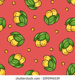 Seamless pattern with kawaii lemons, cute flat line style. Background for food themed products: package, kitchen textile and accessories, menu, food markets etc.Vector illustration.