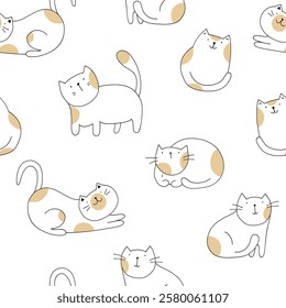 Seamless pattern kawaii little cat. Cartoon funny kitty, animals character. Hand drawn style. Vector drawing