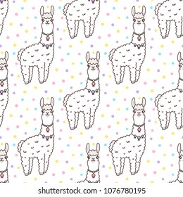 Seamless pattern with  kawaii llama  on a white background ??? multicolored confetti. It can be used for packaging, wrapping paper, textile and etc. Excellent print for children's clothes, bed linens,