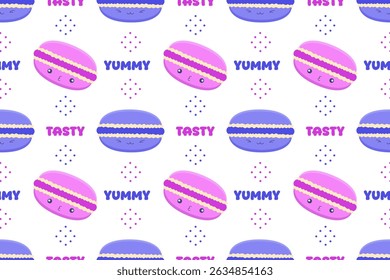 Padrão contínuo com macarons kawaii, texto "gostoso" e "saboroso", e elementos coloridos pontilhados no fundo transparente. Perfeito para embalagens, produtos para crianças, tecidos e adesivos.

