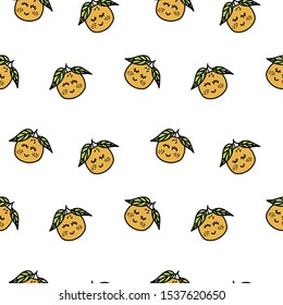 Seamless pattern of kawaii mandarin. Fruit with faces. Children's menu. Vector illustration.