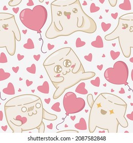 Seamless pattern with kawaii marshmallow chewing a candy heart surrounded by different sweets. Kawaii marshmallow characters in a flat style.