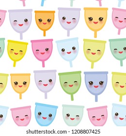 Seamless pattern Kawaii menstrual cup is a feminine hygiene product made of flexible medical grade silicone and shaped like a bell, pink cheeks and  eyes, pastel colors on white background. Vector