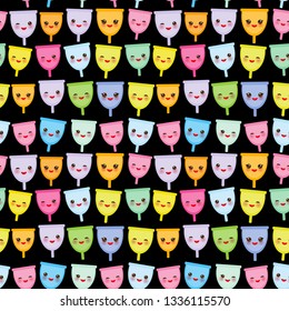 Seamless pattern Kawaii menstrual cup is a feminine hygiene product made of flexible medical grade silicone and shaped like a bell, pink cheeks and eyes, pastel colors on black background. Vector