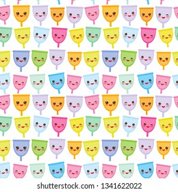 Seamless pattern Kawaii menstrual cup is a feminine hygiene product made of flexible medical grade silicone and shaped like a bell, pink cheeks and eyes, pastel colors on white background. Vector
