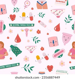 Seamless pattern kawaii  menstruation period woman 