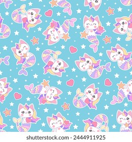 Seamless pattern with kawaii mermaid cats. For children's fabric design, wallpaper, backgrounds, prints, wrapping paper, scrapbooking, etc. Vector