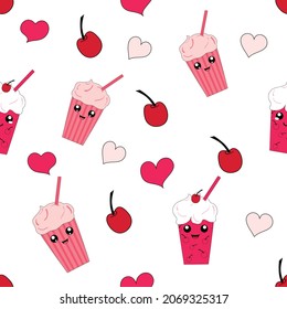 seamless pattern with kawaii milkshakes with cherries and hearts. vector