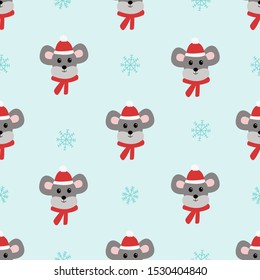 Seamless pattern with kawaii mouse and snowflake. Vector illustration.