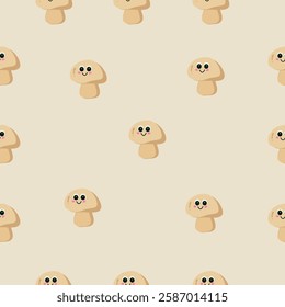 Seamless pattern with kawaii mushrooms on a light beige background. Each mushroom is light brown with a smiling face, adding a forest-inspired, charming touch