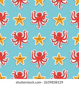 Seamless pattern with kawaii octopus and sea star stickers in cartoon flat style, arranged in polka dot order on blue background. Cute ocean design perfect for kids, fabric, wrapping, and decor.