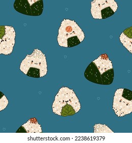 Seamless pattern with kawaii onigiri on a blue background. Vector graphics.