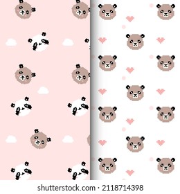 seamless pattern kawaii panda bear pixel art