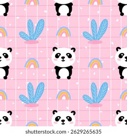 Seamless pattern with kawaii pandas, pastel flowers, and gingham background. Adorable vector design for baby textiles, wrapping paper, and nursery decor