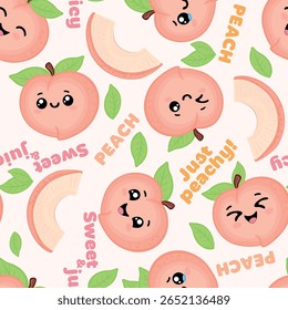 Padrão perfeito com pêssegos kawaii, fatias, folhas verdes e citações engraçadas como Just Peachy e Sweet Juicy. Perfeito para crianças, design, tecido, embalagem e uso digital.