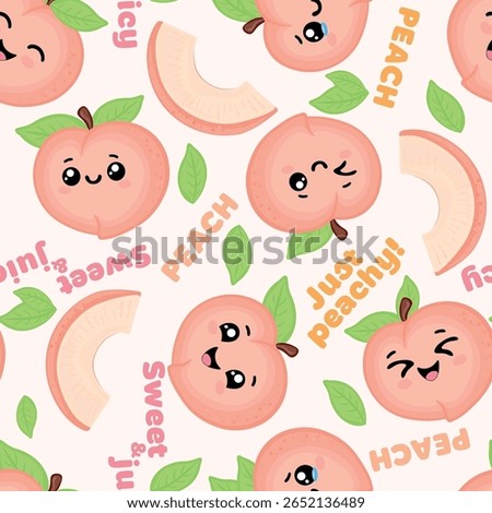 Seamless pattern with kawaii peaches, slices, green leaves, and funny quotes like Just Peachy and Sweet Juicy. Perfect for kids designs, fabric, packaging, and digital use.