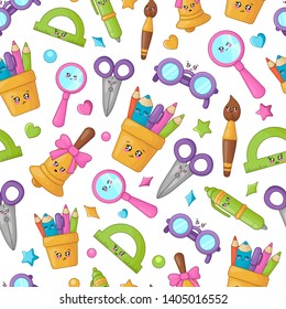 Seamless pattern with kawaii pencils case, bell, magnifier, glasses, pen, ruler, cute cartoon characters on white background. back to school or learning  concept, Childrens vector flat illustration 