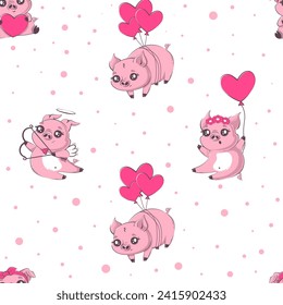 Seamless pattern with kawaii pig in love, heart, dots. Valentine's day party, vacation, holiday concept.Vector illustration for product design, wallpaper, wrapping paper.