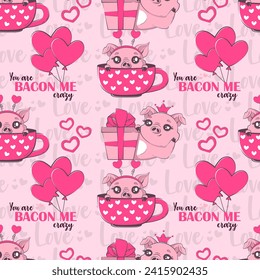 Seamless pattern with kawaii pig in love,  pun inscription. Valentine's day party, vacation, holiday concept.Vector illustration for product design, wallpaper, wrapping paper.