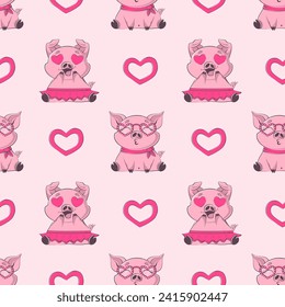 Seamless pattern with kawaii pig in love, heart, gift. Valentine's day party, vacation, holiday concept.Vector illustration for product design, wallpaper, wrapping paper.