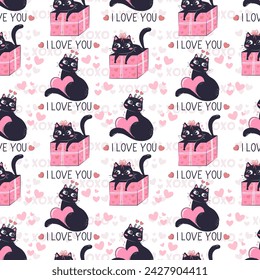 Nahtloses Muster mit Kawaii Schwein in der Liebe, ich liebe dich Inschrift. Valentinstag Party, Urlaub, Urlaubskonzept.Vektor-Illustration für Produkt-Design, Tapeten, Geschenkpapier.