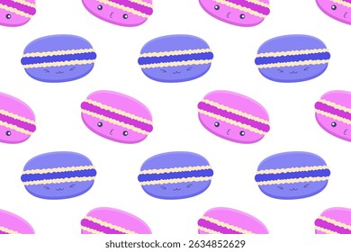 Seamless pattern of kawaii pink and purple macarons with cute faces on a transparent background. Ideal for digital design, stickers, and kids' themed products.

