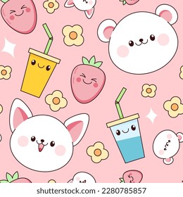 Seamless pattern of kawaii polar bear and cat faces, bubble tea and flowers