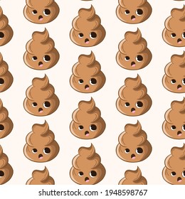 Seamless pattern with kawaii poop on white background. Cartoon poo, feces icons. Shit patterns, evil turd. Vector illustration for invitation, poster, card, fabric, textile. Doodle style.