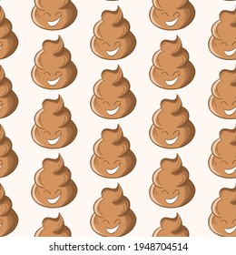Patrón sin foco con popó kawaii sobre fondo blanco. Poo de dibujos animados, íconos de heces. Patrones de mierda, malvado turbio. Ilustración vectorial para invitación, afiche, tarjeta, tela, textil. Estilo Doodle.