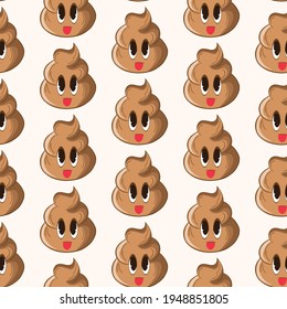 Seamless pattern with kawaii poop on white background. Cartoon poo, feces icons. Shit patterns, evil turd. Vector illustration for invitation, poster, card, fabric, textile. Doodle style.