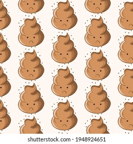 Patrón sin foco con popó kawaii sobre fondo blanco. Poo de dibujos animados, íconos de heces. Patrones de mierda, malvado turbio. Ilustración vectorial para invitación, afiche, tarjeta, tela, textil. Estilo Doodle.