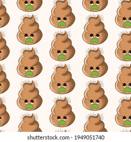 Patrón sin foco con popó kawaii sobre fondo blanco. Poo de dibujos animados, íconos de heces. Patrones de mierda, malvado turbio. Ilustración vectorial para invitación, afiche, tarjeta, tela, textil. Estilo Doodle.