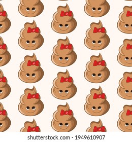 Seamless pattern with kawaii poop on white background. Cartoon poo, feces icons. Shit patterns, evil turd. Vector illustration for invitation, poster, card, fabric, textile. Doodle style.