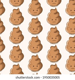 Seamless pattern with kawaii poop on white background. Cartoon poo, feces icons. Shit patterns, evil turd. Vector illustration for invitation, poster, card, fabric, textile. Doodle style.