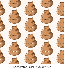 Patrón sin foco con popó kawaii sobre fondo blanco. Poo de dibujos animados, íconos de heces. Patrones de mierda, malvado turbio. Ilustración vectorial para invitación, afiche, tarjeta, tela, textil. Estilo Doodle.