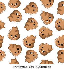 Seamless pattern with kawaii poop on white background. Cartoon poo, feces icons. Shit patterns, evil turd. Vector illustration for invitation, poster, card, fabric, textile. Doodle style.
